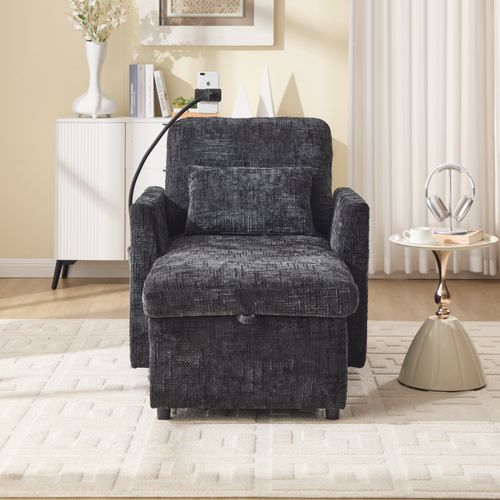 Fauteuil Fixe 1 Place Avec Rangement, Dossier Rabattable, Revêtement Chenille, Noir