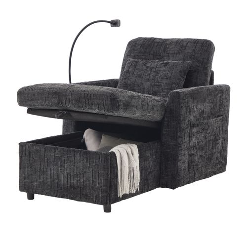 Fauteuil Fixe 1 Place Avec Rangement, Dossier Rabattable, Revêtement Chenille, Noir