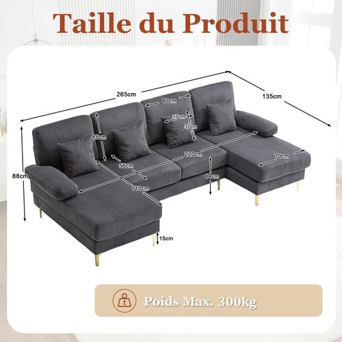 Canapé D’angle Modulable 4 Places, LED Et Port USB-c, 4 Coussins, Velours - Gris