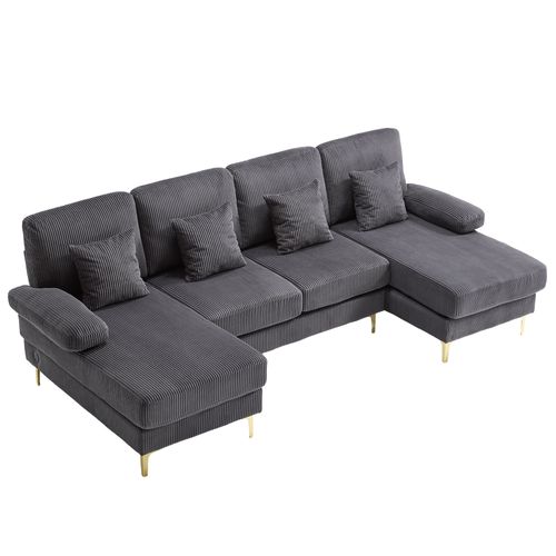 Canapé D’angle Modulable 4 Places, LED Et Port USB-c, 4 Coussins, Velours - Gris