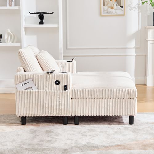 Canapé Fixe 2 Places Avec Porte-gobelets Latéraux, Ports USB Et Éclairage LED - Velours - Beige