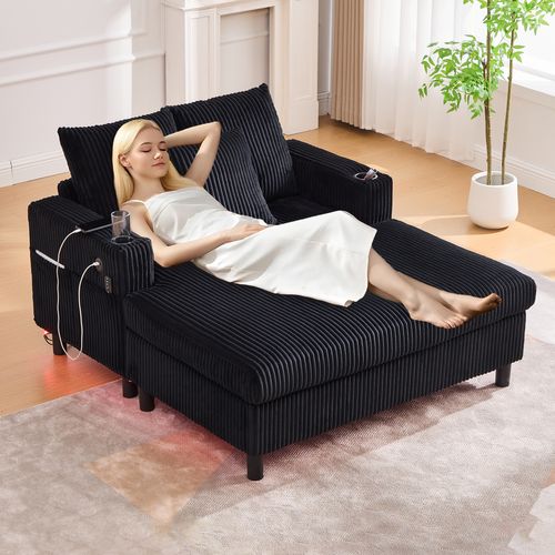 Canapé Fixe 2 Places Avec Porte-gobelets Latéraux, Ports USB Et Éclairage LED - Velours - Noir