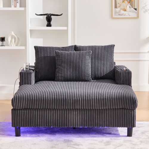 Canapé Fixe 2 Places Avec Porte-gobelets Latéraux, Ports USB Et Éclairage LED - Velours - Gris Foncé