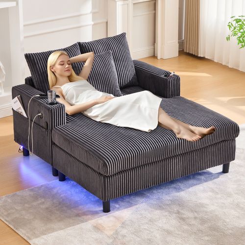 Canapé Fixe 2 Places Avec Porte-gobelets Latéraux, Ports USB Et Éclairage LED - Velours - Gris Foncé