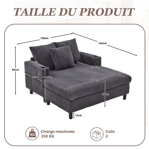 Canapé Fixe 2 Places Avec Porte-gobelets Latéraux, Ports USB Et Éclairage LED - Velours - Gris Foncé