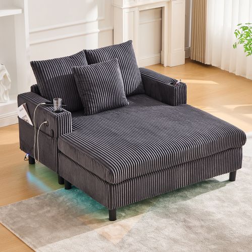 Canapé Fixe 2 Places Avec Porte-gobelets Latéraux, Ports USB Et Éclairage LED - Velours - Gris Foncé