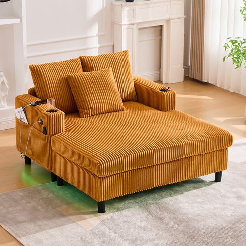 Canapé Fixe 2 Places Avec Porte-gobelets Latéraux, Ports USB Et Éclairage LED - Velours - Jaune