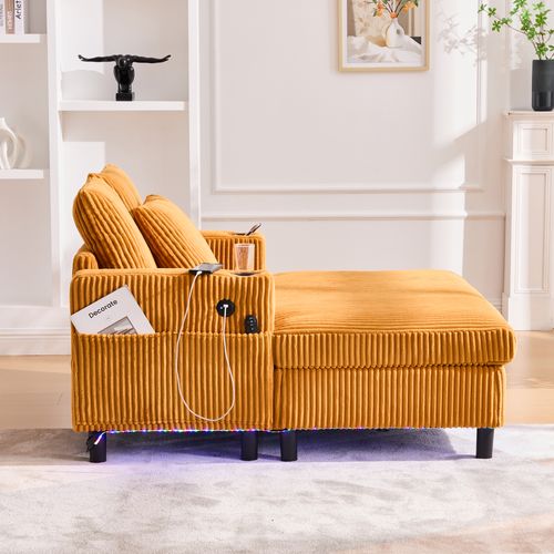 Canapé Fixe 2 Places Avec Porte-gobelets Latéraux, Ports USB Et Éclairage LED - Velours - Jaune