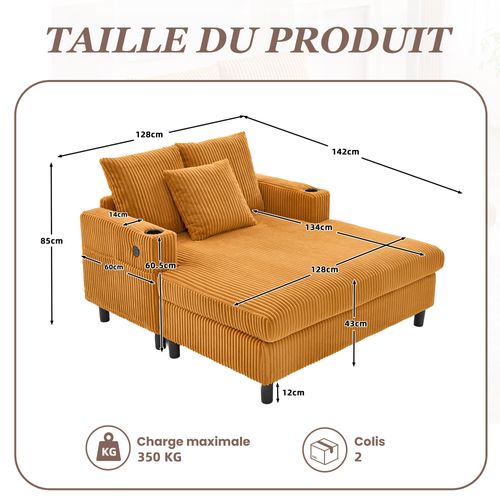 Canapé Fixe 2 Places Avec Porte-gobelets Latéraux, Ports USB Et Éclairage LED - Velours - Jaune