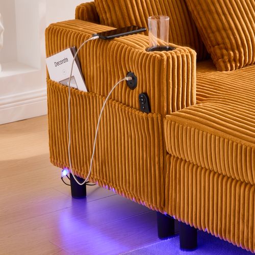 Canapé Fixe 2 Places Avec Porte-gobelets Latéraux, Ports USB Et Éclairage LED - Velours - Jaune