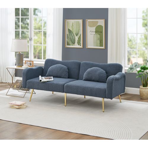 Canapé Droit Convertible 2 Places, Dossier 3 Positions, Laine D'agneau, Pieds Métal - Bleu Gris