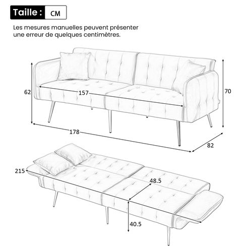Canapé Droit Convertible 2 Places, Dossier 3 Positions, Accoudoirs 6 Positions, Velours - Blanc