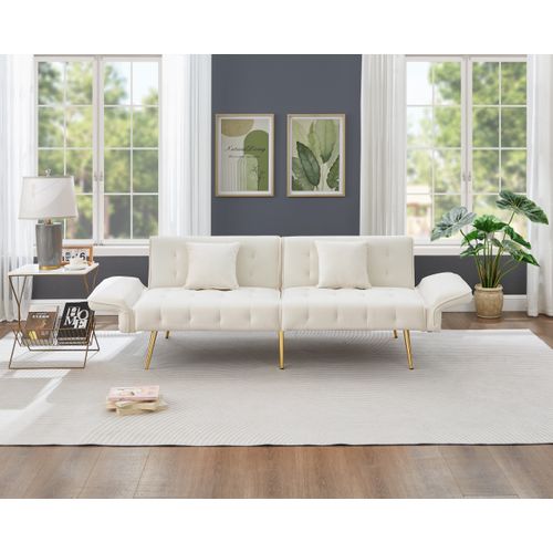 Canapé Droit Convertible 2 Places, Dossier 3 Positions, Accoudoirs 6 Positions, Velours - Blanc