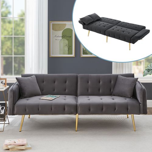Canapé Convertible 2 Places, Dossier 3 Positions, Accoudoirs 6 Positions, Velours - Gris Antique