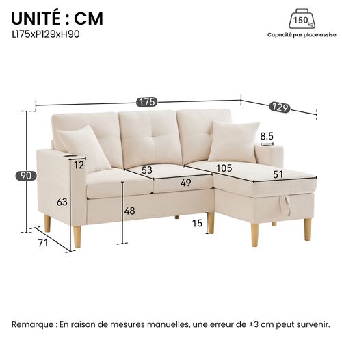 Canapé D'angle 3 Places, Rangement, Porte-gobelets, Tissu Coton-lin - Beige