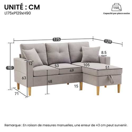 Canapé D'angle 3 Places, Rangement, Porte-gobelets, Tissu Coton-lin - Gris Clair