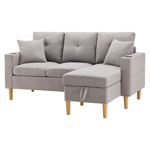 Canapé D'angle 3 Places, Rangement, Porte-gobelets, Tissu Coton-lin - Gris Clair