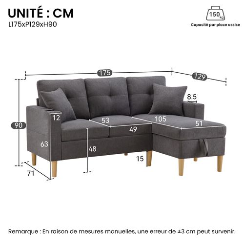 Canapé D'angle 3 Places, Rangement, Porte-gobelets, Tissu Coton-lin - Gris Foncé