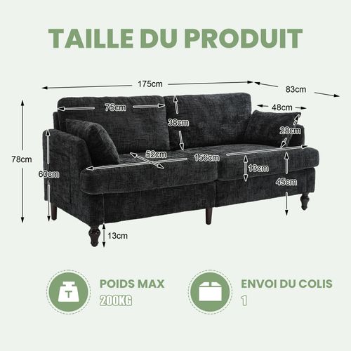 Canapé 2 Places Moderne, Rangement, LED Et Port USB, Chenille - Noir