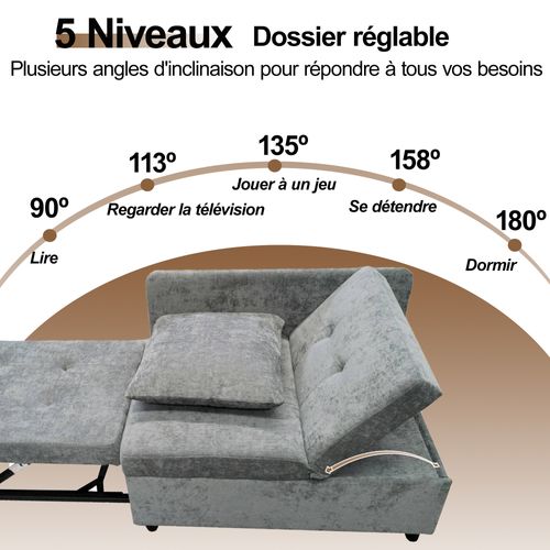 Canapé Convertible 1 Place, Dossier Réglable, Fonction Convertible, Sans Matelas, Tissu Lin - Gris
