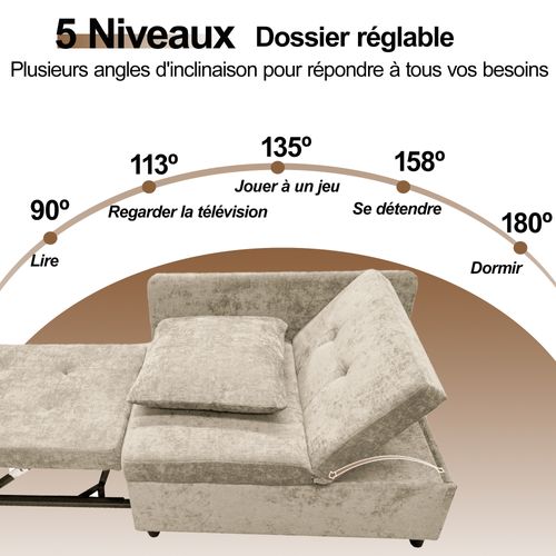 Canapé Convertible 1 Place, Dossier Réglable, Fonction Convertible, Sans Matelas, Tissu Lin - Beige