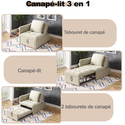 Canapé Convertible 1 Place, Dossier Réglable, Fonction Convertible, Sans Matelas, Tissu Lin - Beige
