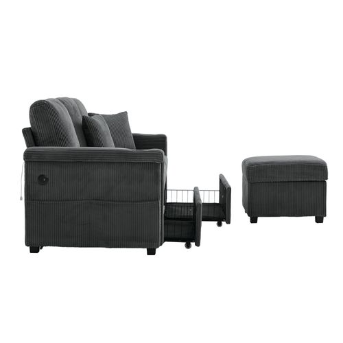 Canapé Fixe 3 Places Avec Rangement, LED Et Porte-gobelets - Velours Côtelé Gris Foncé