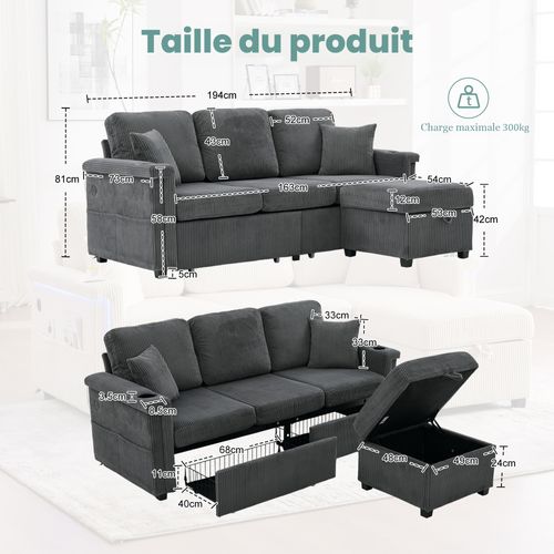 Canapé Fixe 3 Places Avec Rangement, LED Et Porte-gobelets - Velours Côtelé Gris Foncé