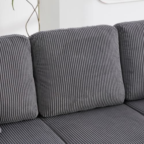 Canapé Fixe 3 Places Avec Rangement, LED Et Porte-gobelets - Velours Côtelé Gris Foncé