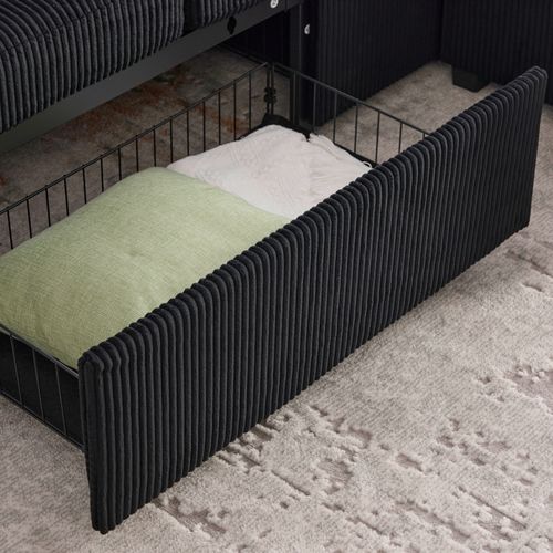 Canapé Fixe 3 Places Avec Rangement, LED Et Porte-gobelets - Velours Côtelé Noir