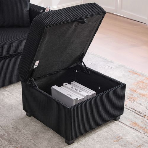 Canapé Fixe 3 Places Avec Rangement, LED Et Porte-gobelets - Velours Côtelé Noir