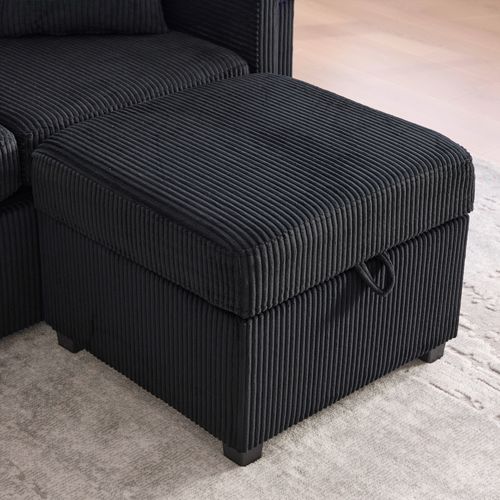 Canapé Fixe 3 Places Avec Rangement, LED Et Porte-gobelets - Velours Côtelé Noir