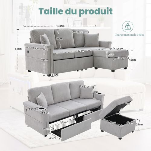 Canapé Fixe 3 Places Avec Rangement, LED Et Porte-gobelets - Velours Côtelé Gris Clair