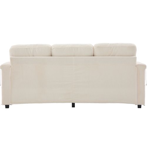 Canapé Fixe 3 Places Avec Rangement, LED Et Porte-gobelets - Velours Côtelé Jaune Beige