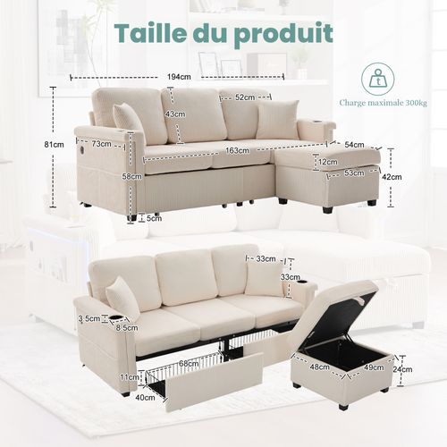 Canapé Fixe 3 Places Avec Rangement, LED Et Porte-gobelets - Velours Côtelé Jaune Beige