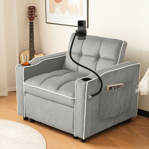 Fauteuil Convertible 1 Place, Porte-gobelets, Support Téléphone, Rangement, Velours Gris Clair