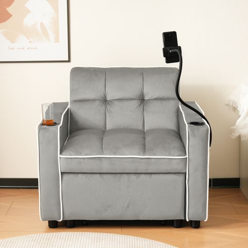 Fauteuil Convertible 1 Place, Porte-gobelets, Support Téléphone, Rangement, Velours Gris Clair