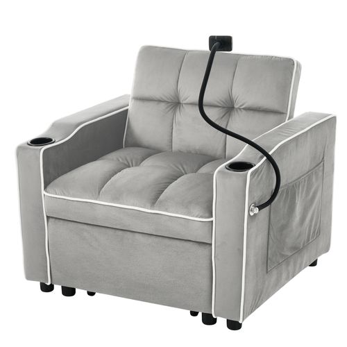 Fauteuil Convertible 1 Place, Porte-gobelets, Support Téléphone, Rangement, Velours Gris Clair