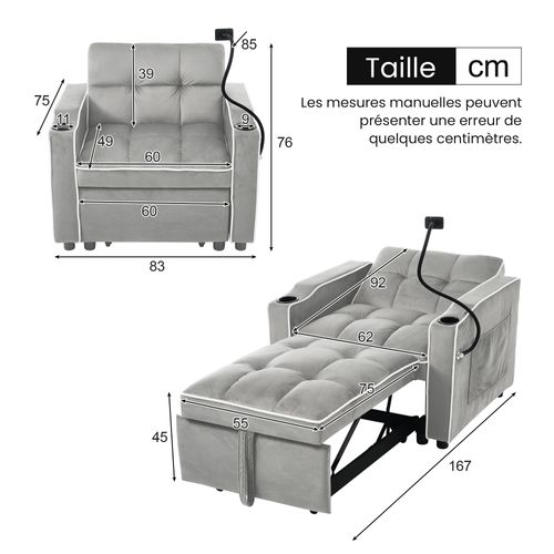 Fauteuil Convertible 1 Place, Porte-gobelets, Support Téléphone, Rangement, Velours Gris Clair