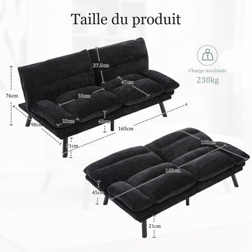 Canapé 2 Places En Chenille Avec Dossier Réglable Et Pieds Métal - Noir