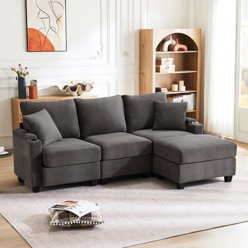 Canapé D’angle 3 Places, Pouf et Méridienne, USB et Porte-gobelet, Velours Côtelé - Gris