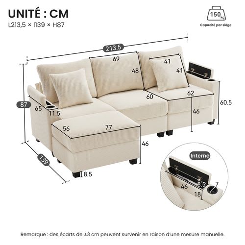 Canapé  3 Places, Pouf et Méridienne, USB et Porte-gobelet, Velours Côtelé, Beige