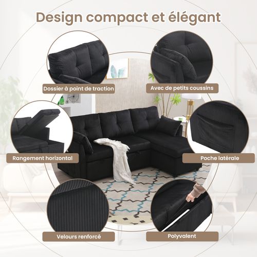 Canapé D’angle Convertible L, Coffres Rangement, Assise Mousse, Velours Doux - Noir