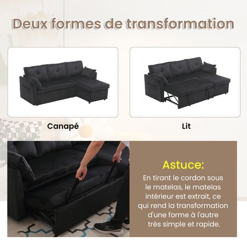 Canapé D’angle Convertible L, Coffres Rangement, Assise Mousse, Velours Doux - Noir