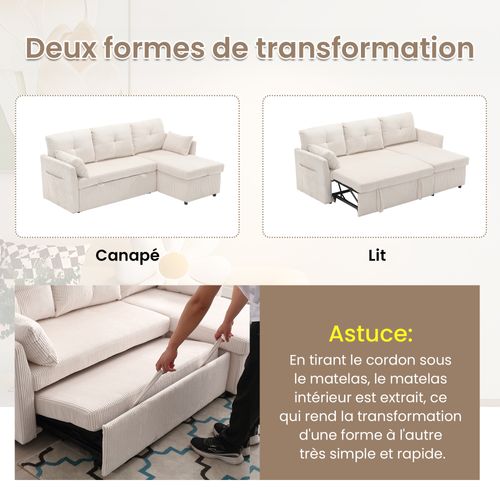 Canapé D’angle Convertible L, Coffres Rangement, Assise Mousse, Velours Doux - Beige