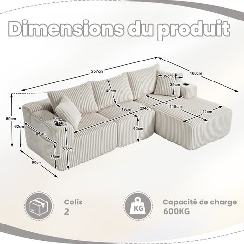 Canapé D’angle Modulable, Méridienne, Velours Côtelé, Poches Et Porte-gobelet, 5 Coussins - Beige