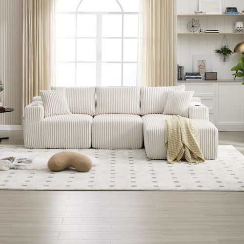 Canapé D’angle Modulable, Méridienne, Velours Côtelé, Poches Et Porte-gobelet, 5 Coussins - Beige