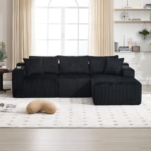 Canapé D’angle Modulable, Méridienne, Velours Côtelé, Poches Et Porte-gobelet, 5 Coussins - Noir