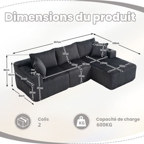 Canapé D’angle Modulable, Méridienne, Velours Côtelé, Poches Et Porte-gobelet, 5 Coussins - Gris