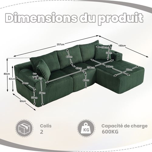 Canapé D’angle Modulable, Méridienne, Velours Côtelé, Poches et Porte-gobelet, 5 Coussins - Vert
